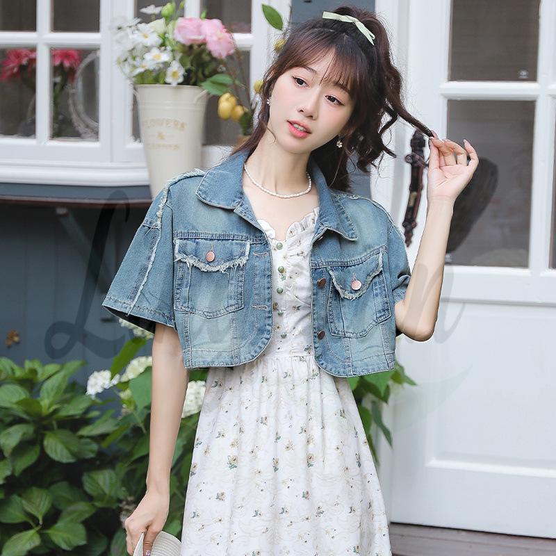 Petite Women s Versatile Short-Sleeve Retro Denim Jacket Large синий