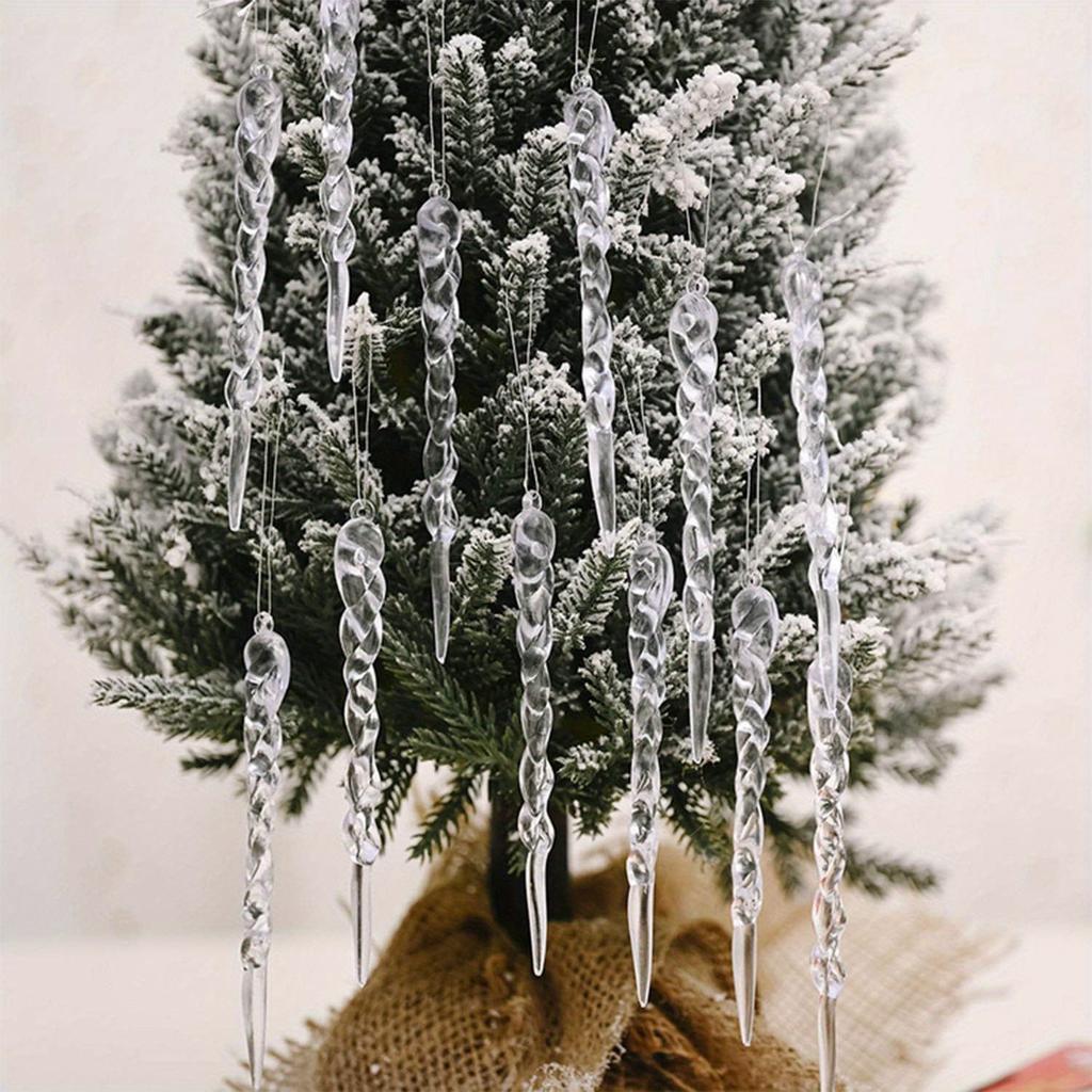 Transparent Ice Pillar Ornaments for Christmas Tree - Set of 12 Acrylic Decorations, Ideal for Holiday and Wedding Party Decor, Easy To Install