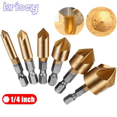 6 Pcs Countersink Drill Bit Set 1/4'' Hex Shank HSS 5 Flute Countersink 90 Degree Wood Chamfering Cutter Woodworking Tools