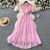 French style lace embroidered A-word dress for women's summer short sleeves, high waist, waist and thin temperament elegant long dress