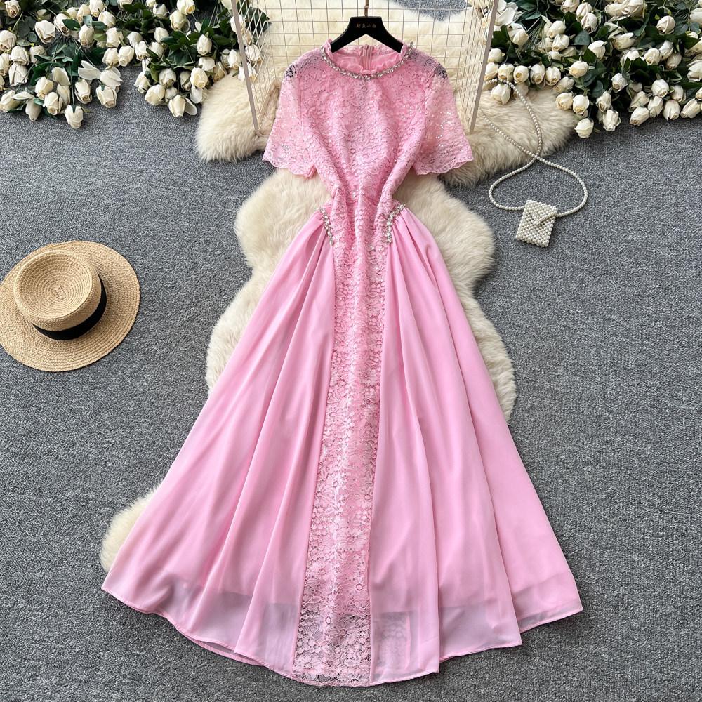 French style lace embroidered A-word dress for women's summer short sleeves, high waist, waist and thin temperament elegant long dress