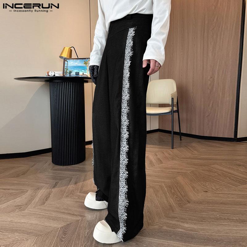 INCERUN Men Zip-up Waist Side Lace Patchwork Casual Long Straight Pants