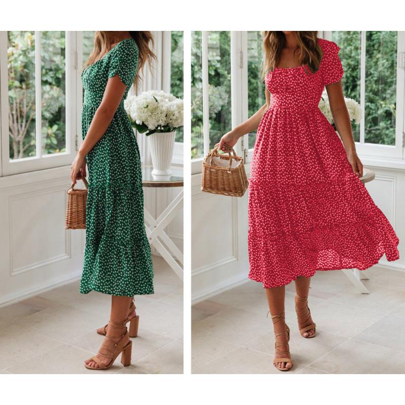 Women's French Vintage Floral Print Midi Dress Square Neck Puff Short Sleeve High Waist Chiffon Tiered Summer Casual Holiday Party Ladies Dress