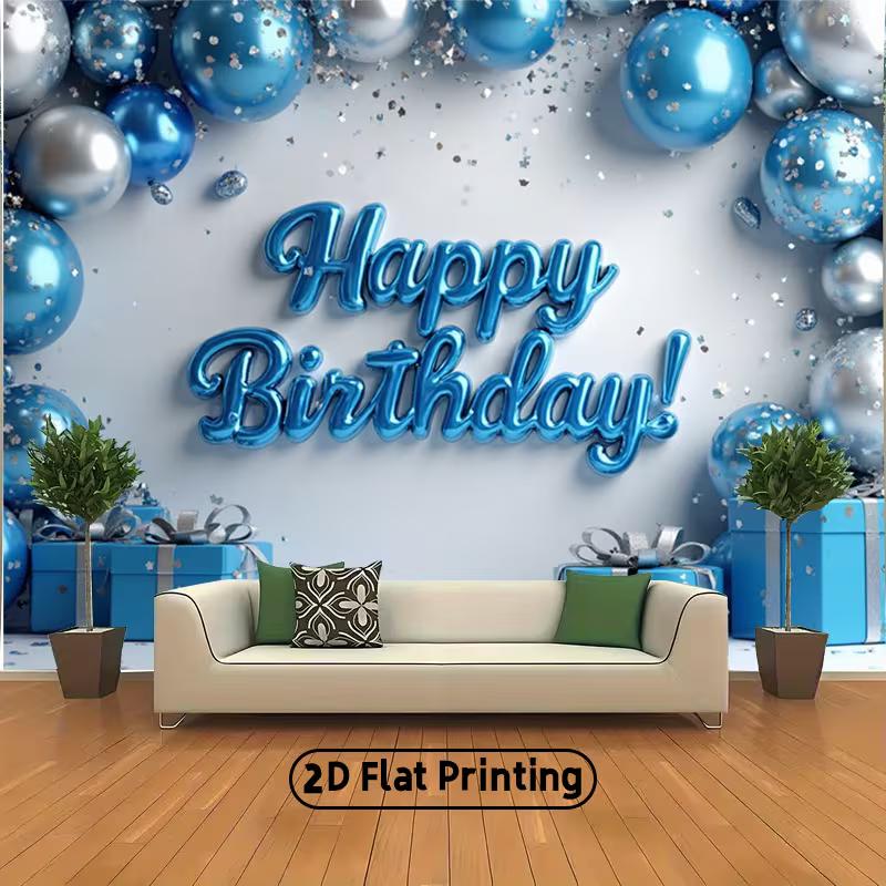 2D Blue Silver Balloon Birthday Backdrop, Boys Party Decor Banner