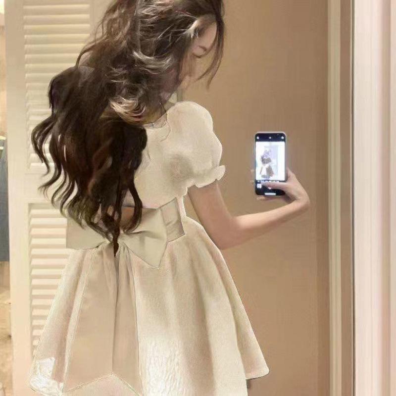 French Sweet & Spicy Puff Sleeve A-line Dress with Bow - Summer 2026 Trend S (85-99 jin)