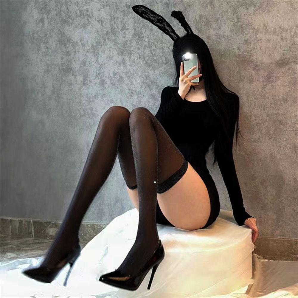 Shiny Stockings Women Sexy Over Knee Stockings Nylon Lace Long Socks Slim Thin Black Stockings Party Club Y2k