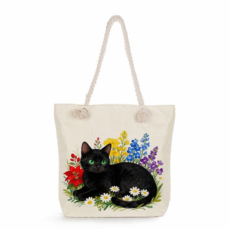 Multifunctional Black cat  Printed Thick Rope Shoulder Beach Bag 7579