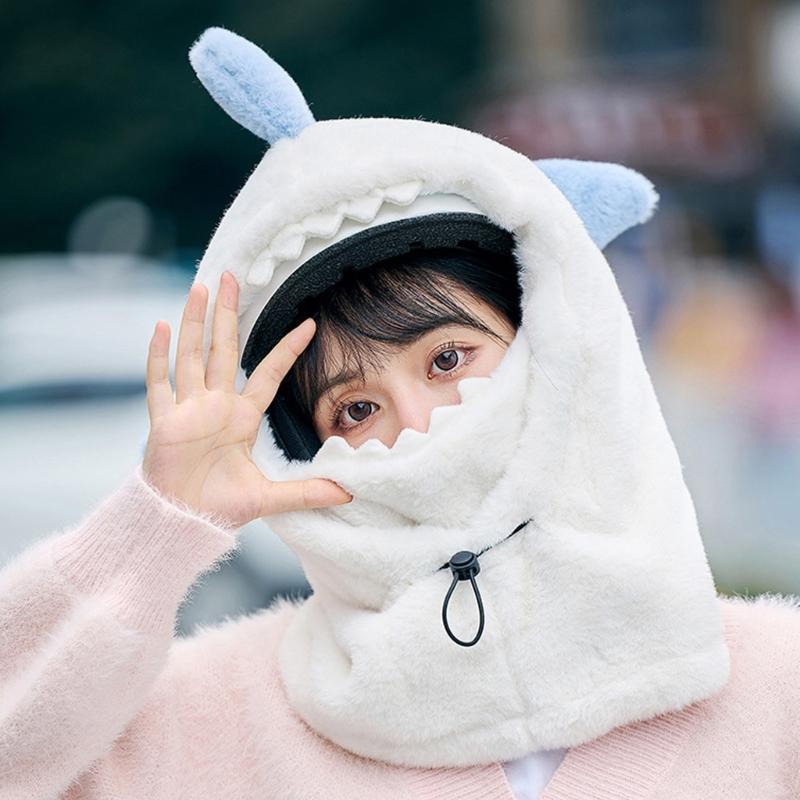 Lovely Plush Shark Ski Helmets Cover Thicken Warm Winter Hooded Head Protective Mask Hat for Men and Women Outdoor Sport