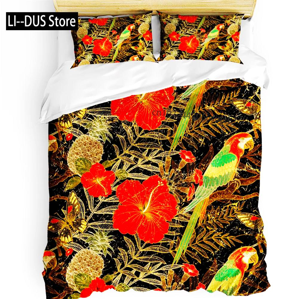Comforter Parrot King Queen Bedding Set Cute Birds Colourful Feather Tropical Flowers Comforter Polyester