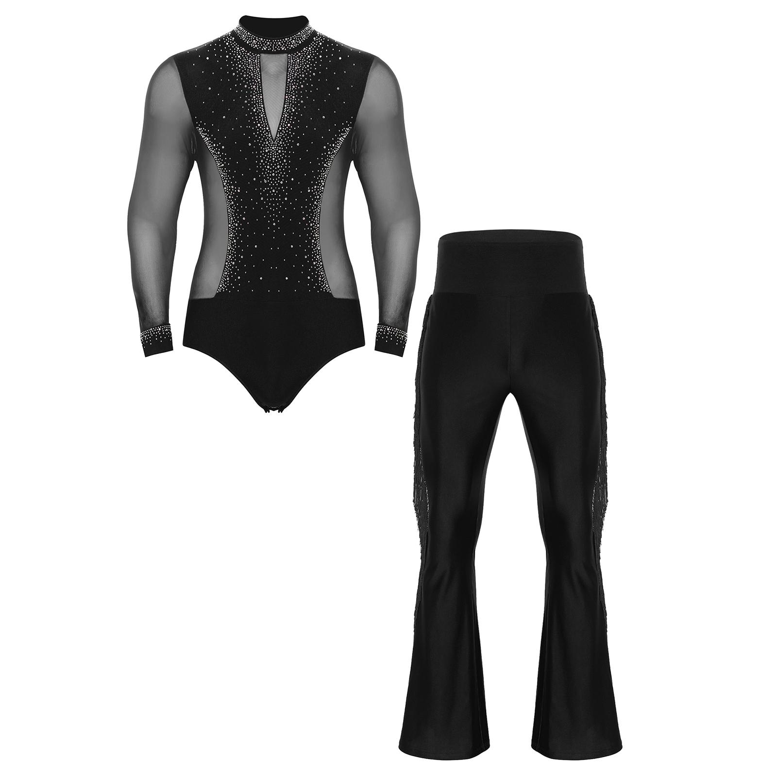 Herren Eiskunstlauf Tanz Bodysuit Langarm Netz Einsätze Strass Leotard Hohe Taille Quaste Ausgestellte Hosen M schwarz