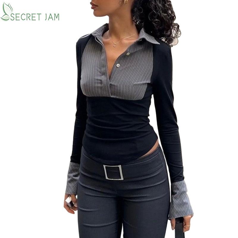 

Secret Jam Весенне-летние женские модные полосатые топы с контрастными лацканами и длинными рукавами