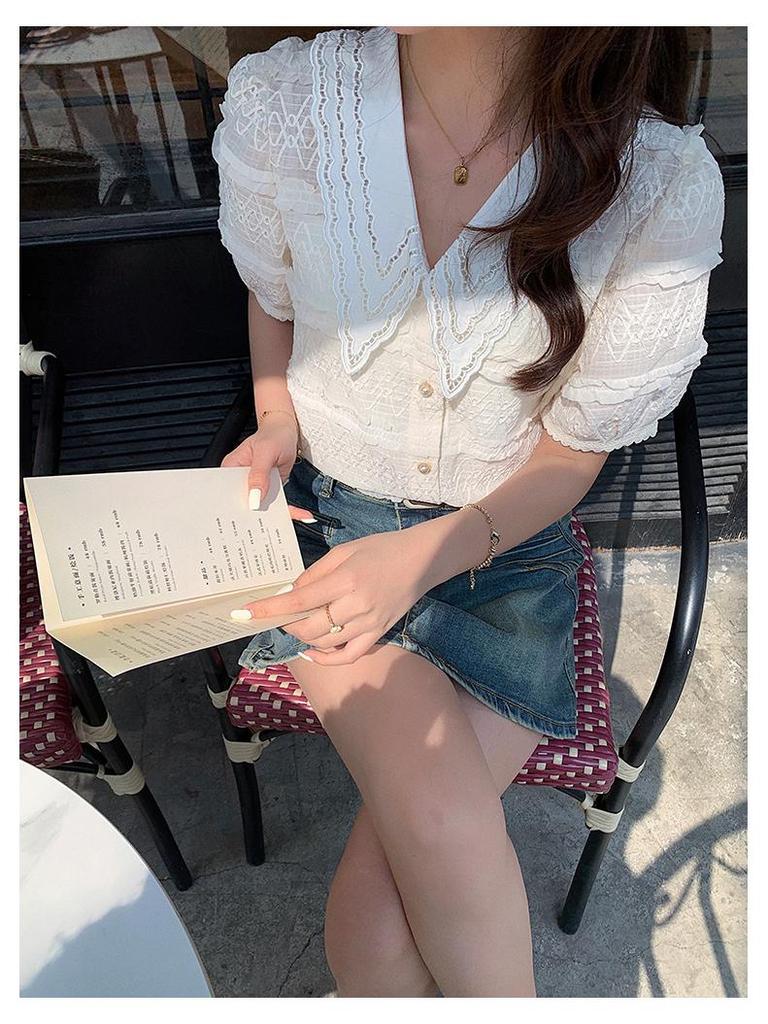 2024 Sommer Koreanischer Stil Vielseitiges Peter Pan Kragen Spitzenoberteil mit kurzen Ärmeln