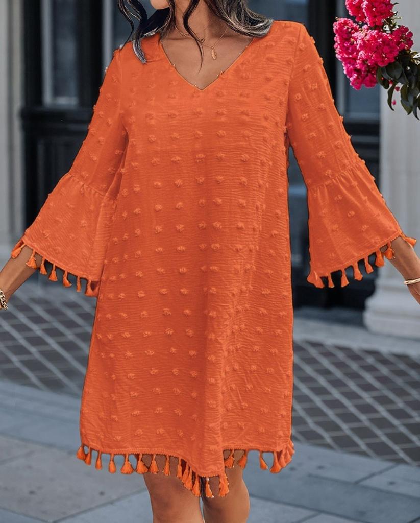 New, spring and summer solid color simple v-neck medium sleeve loose fringed dress women