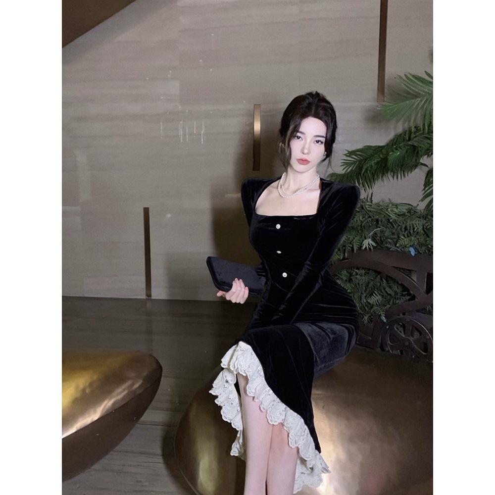 2025 Autumn High-End Waist-Hugging Fishtail Ruffle Dress for Women