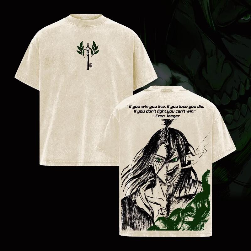 

Attack on Titan Anime T-shirt Eren Jager Vintage Washed Oversized T Shirt Men Women Clothing Short Sleeve Cotton Tees Tops XXL бежевий