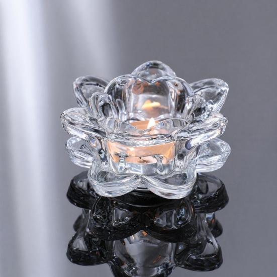huaqianguhh Crystal Lotus Flower Tealight Candle Holders, Glass Tea Light Candlestick Decor with Deep Grooved Plate, Multifunctional Decoration