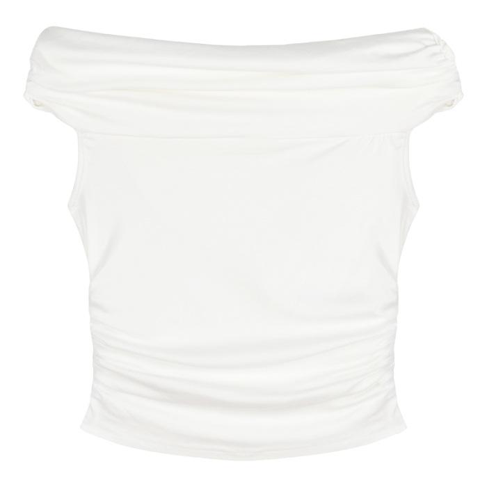 

(Modal cotton) Spice Girl Shoulder Short Sleeve T-Shirt Off Shoulder Slim Short Tights Free size (recommended 40-60kg ) білий