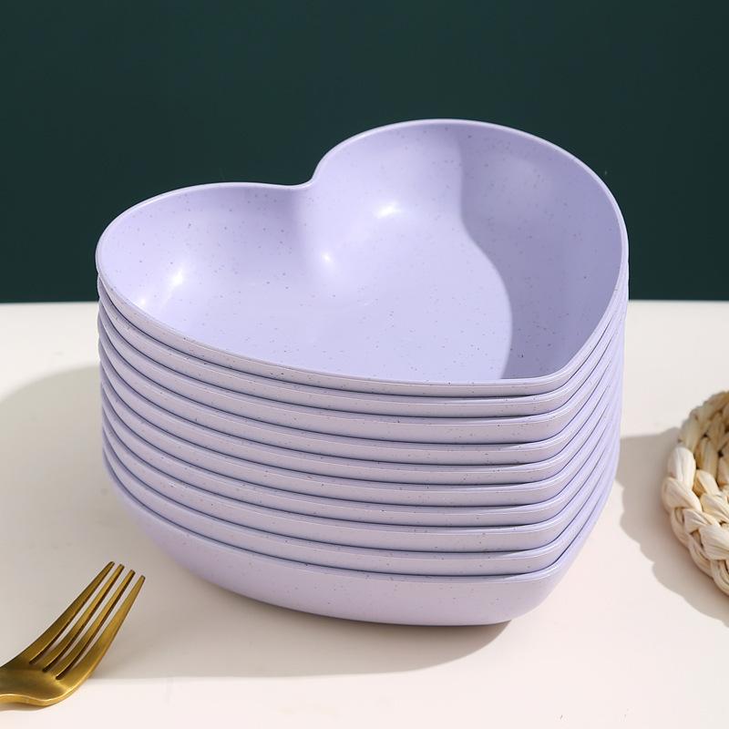 5Pcs Creative Color Heart Shaped Plate Wheat Straw Household Living Room Fruit Dim Sum Plate Fashionable Children Tableware