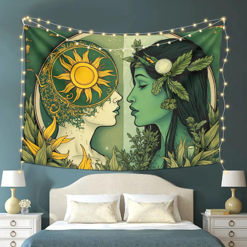 Celestial Woman Tapestry  Sun and Moon Goddess Yin Yang Design Green and Gold Mythical Art for Bedroom or Dorm Decor