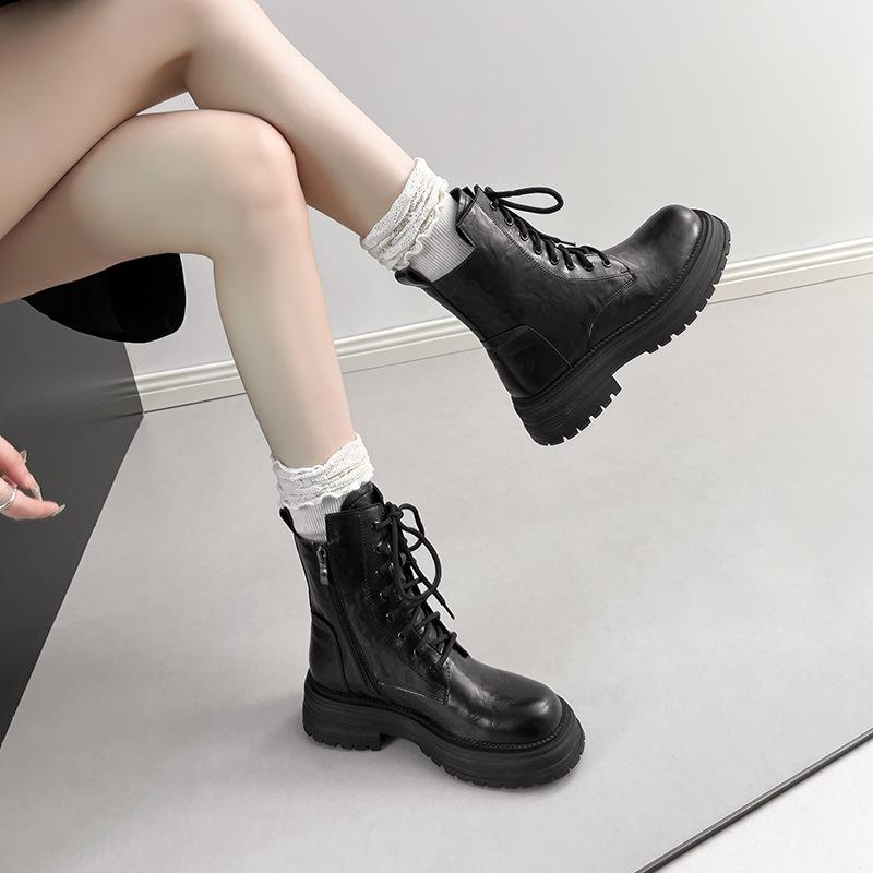 Thick-Soled Melard Women's British-Style Lace-Up Martin Boots, 2025 Round-Toe Chunky Heel Mid-Calf Short Boots