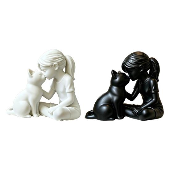 Cat Girl Printed And 3d Statue Cute Girl With Kitty Figurine Resin Desktop Decor Modern Art Sculpture Ornament For Home Office Shelf Table