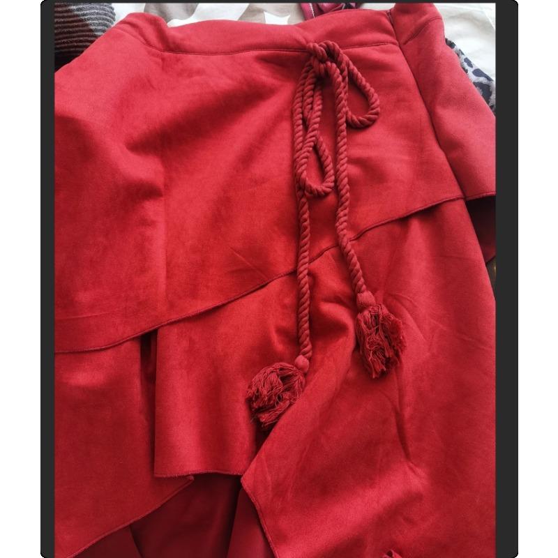Women's Faux Suede Skirt Boho High Waist Irregular Handkerchief Hem Tie Front Tassel Mid Calf Length Western Style