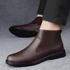 Cross-border Men's High-Top Leather Boots, Autumn/Winter, Slip-on Cowhide with Side Zipper, Large Size, Plus Velvet Warm Cotton.