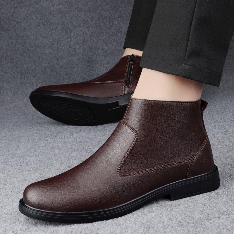 Cross-border Men's High-Top Leather Boots, Autumn/Winter, Slip-on Cowhide with Side Zipper, Large Size, Plus Velvet Warm Cotton.