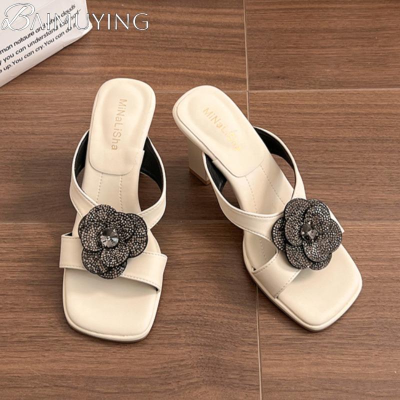 Flower High Heels Slippers Women Sandals Crystal Square Toe Shoes Summer 2025 Trend Dress Chunky Elegant Open Toe Pumps Mujer
