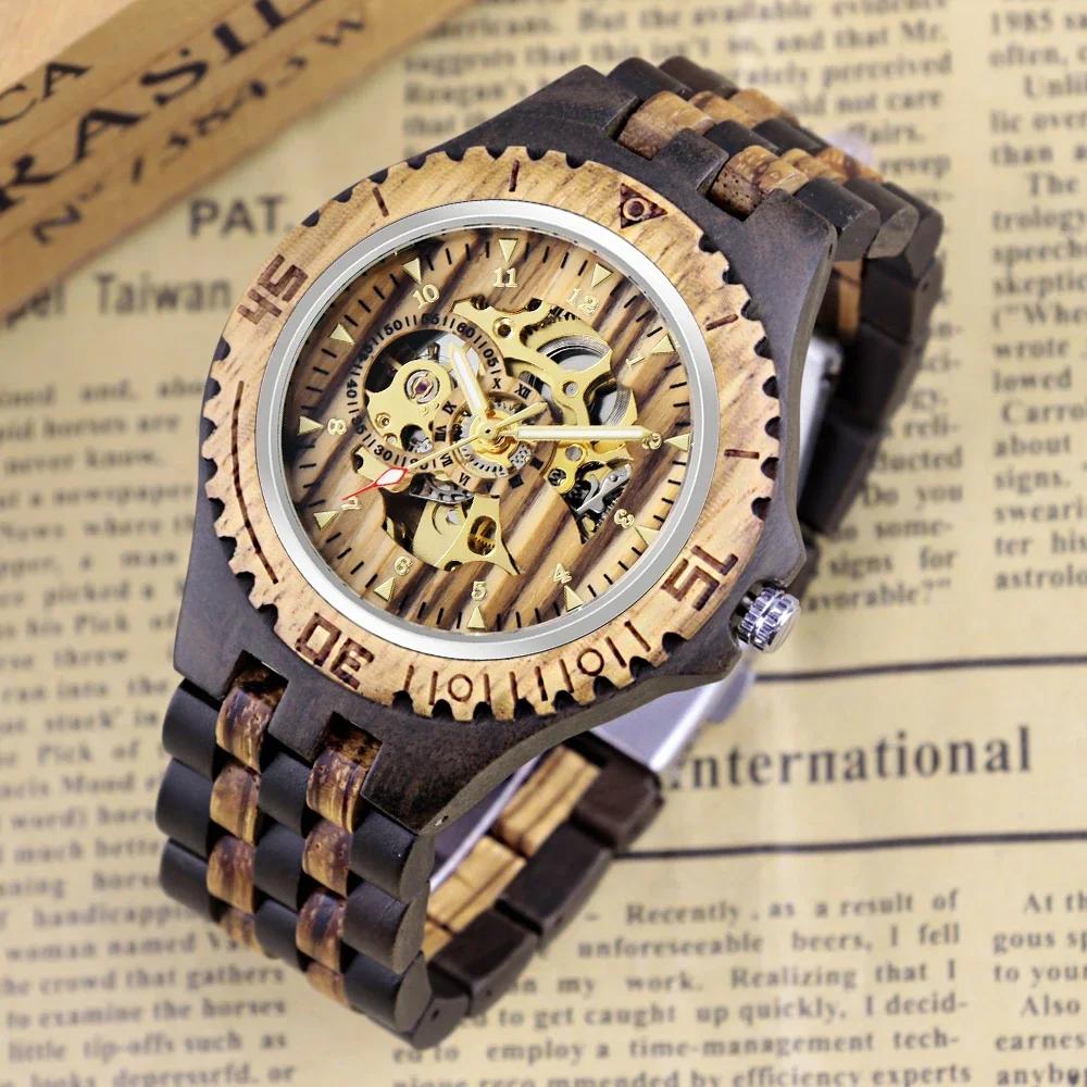 

Black Dual Panel Luxury Wooden Hollowed Men s Mechanical Watch with Fashionable Design Dial and Lightweight Wooden Watch