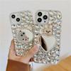 Apple 17 ProMax Phone Case for iPhone 15 with Heart, Small Bear, Rabbit Mirror, Hand Strap, Rhinestones 