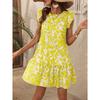 Women's Round Neck Ruffle Sleeve Mini Dress Loose Leaf Print Summer Casual Sundress