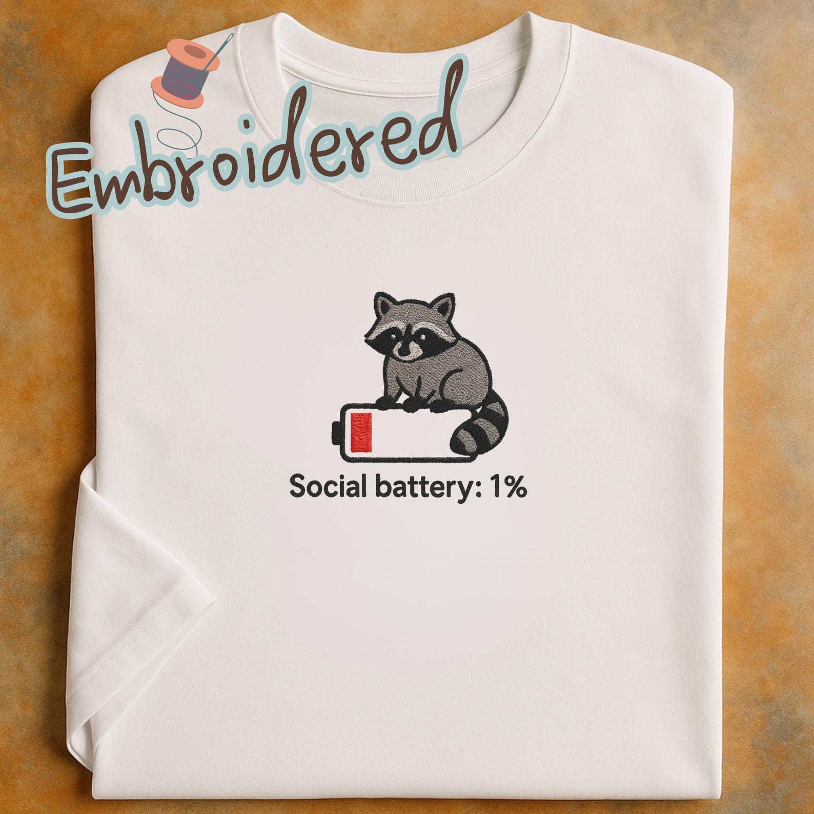 Embroidered Raccoon T-Shirt: Funny Social Battery Tee, Goblincore Gift 2XL