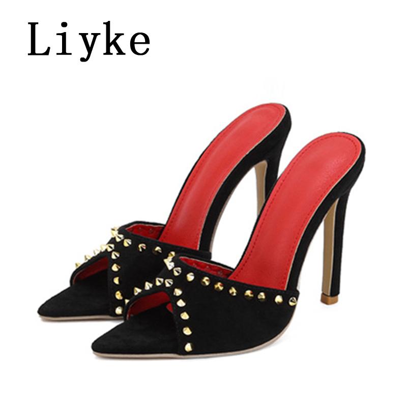 

Модные Liyke Сексуальные Туфли-лодочки с острым носком на тонком высоком каблуке 11,5 см, Современные шлепанцы с металлическими заклепками, Дизайнерские сандалии, Летняя обувь для вечеринок, Женские мюли, Слайды 35 чёрный