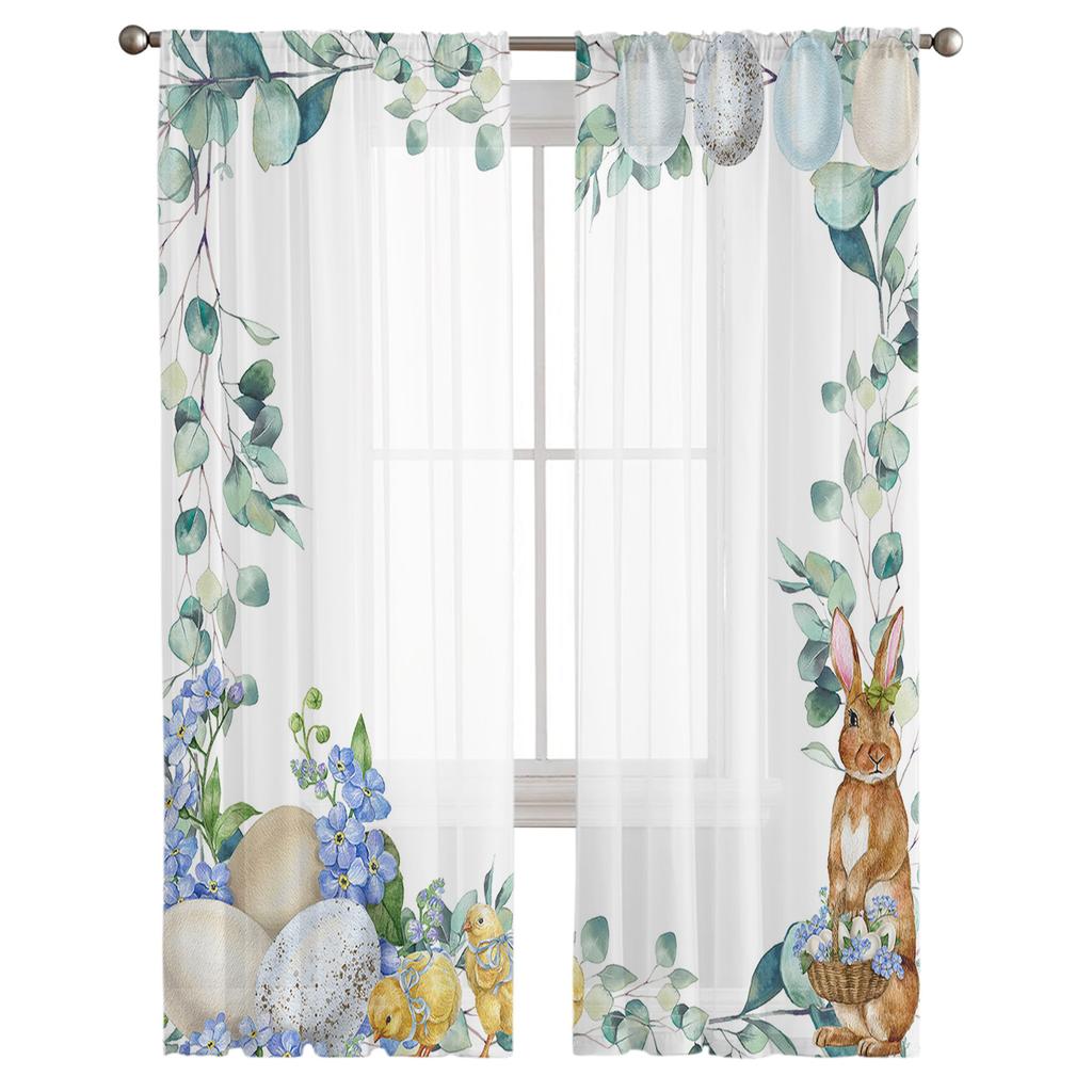Easter Bunny Eggs Eucalyptus Flowers Sheer Curtains For Living Room Bedroom Kids Room Tulle Window Treatment Drapes