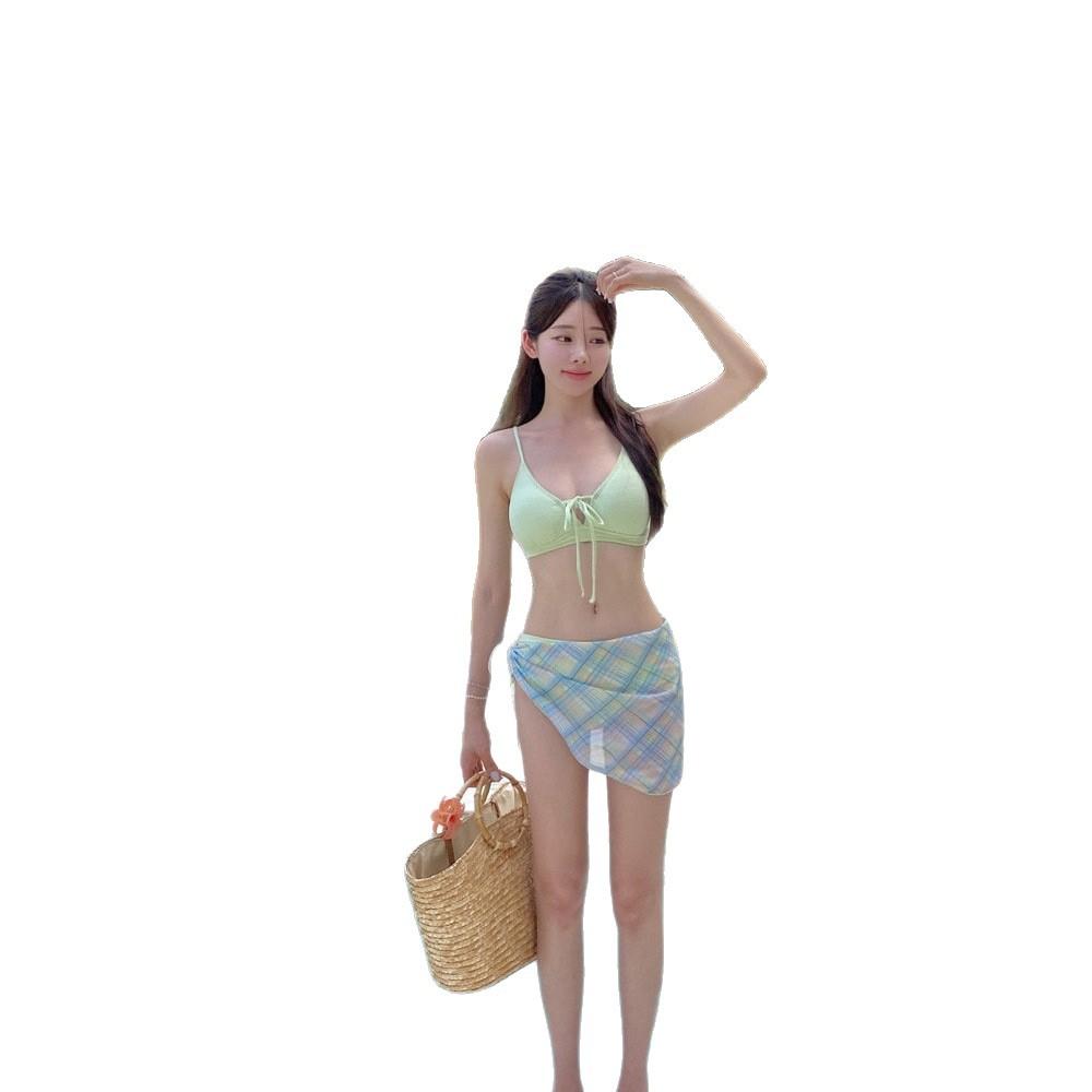 Dopamine Color Split Swimsuit Female Solid Color Thin Sexy Pure Desire Korean Version Ins Bikini Gauze Skirt Three-piece Set