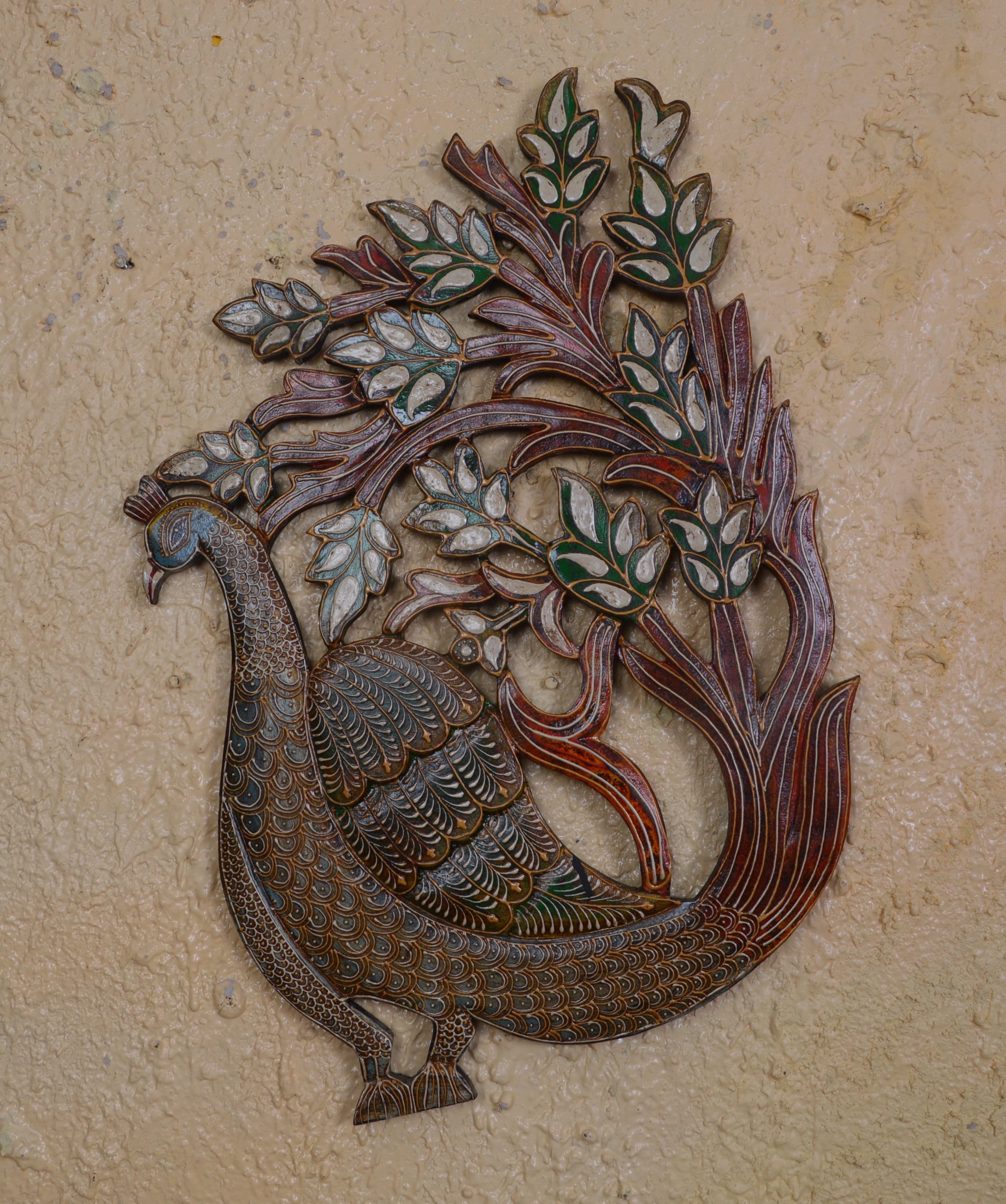 

Carved Wood Peacock Wall Decor: Embossed Indian Art 16” X 8” X 24” (l x w x h) різнокольоровий