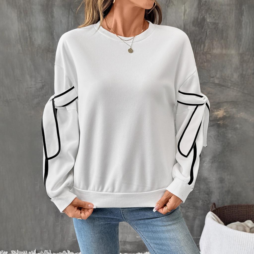 Autumn's New Contrasting Color Three-dimensional Bow Round-neck Long-sleeved Pullover Hoodie for Women