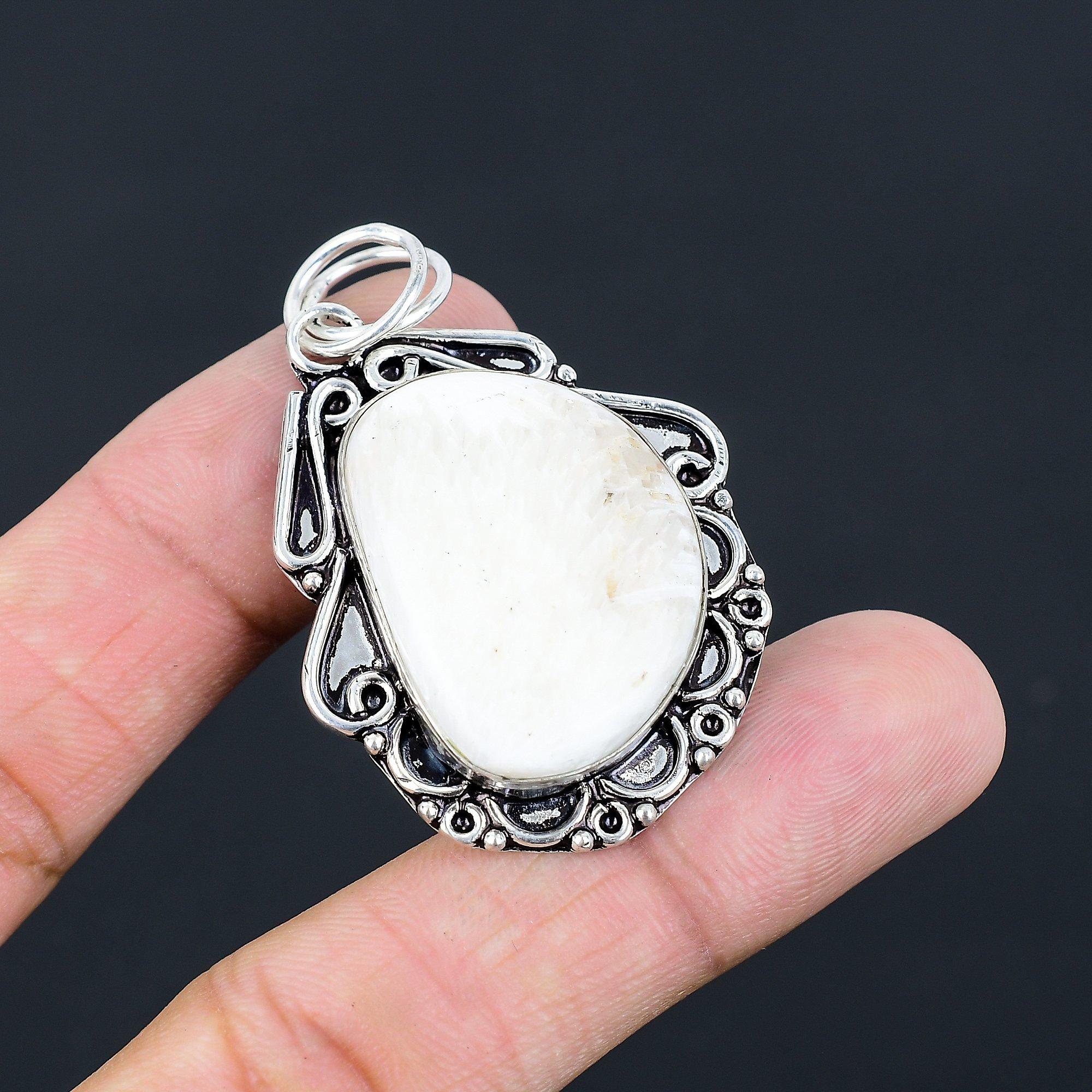 Daughters Day Sale Crescent Natural Scolecite Bezel Pendant 925 Sterling Silver