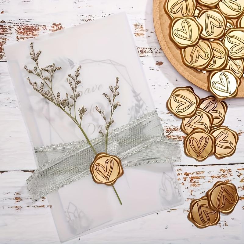 2Pcs Golden Heart Pattern Adhesive Wax Seals Sealing Stickers for Wedding Invitations, Gift Envelopes Seals with Elegant Sealing Design