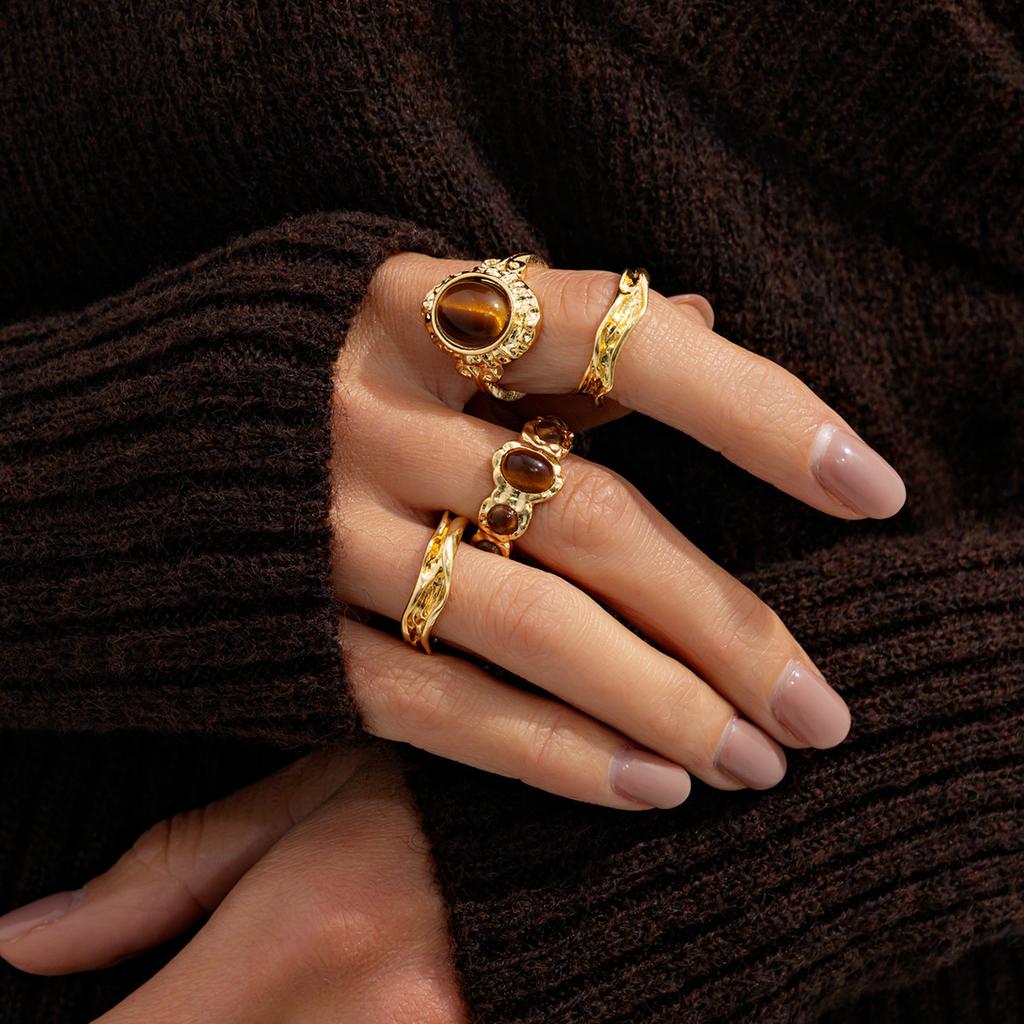 Vintage Slightly Set Gemstone Tiger'S Eye Ring, Fashionable Metal Lava Open Ring Set.
