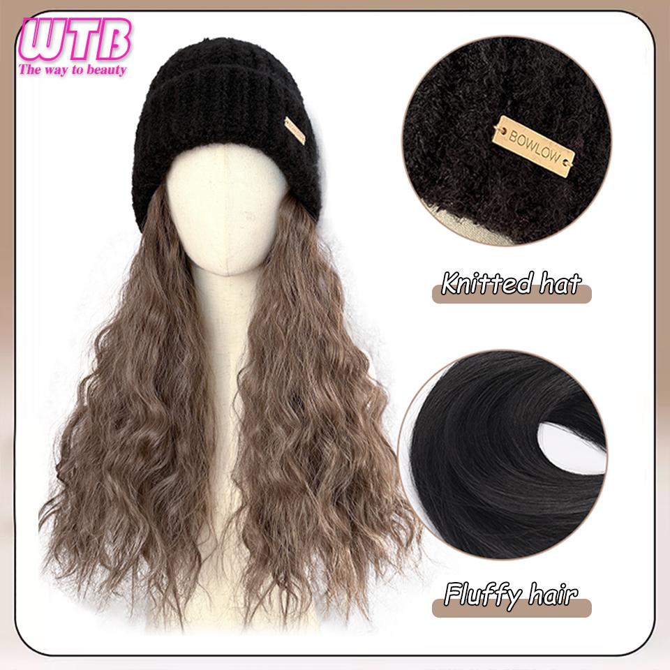 WTB Synthetische Hut-Perücken für Frauen, 40,6 cm lange lockige Haare, synthetische Perücke, warme, weiche Ski-Strick-Herbst-Winter-Mütze