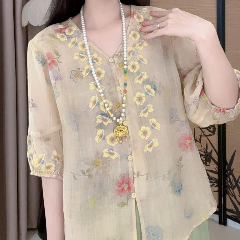 1116 New Chinese style national style shirt women's new foreign style and thin versatile summer top antique style