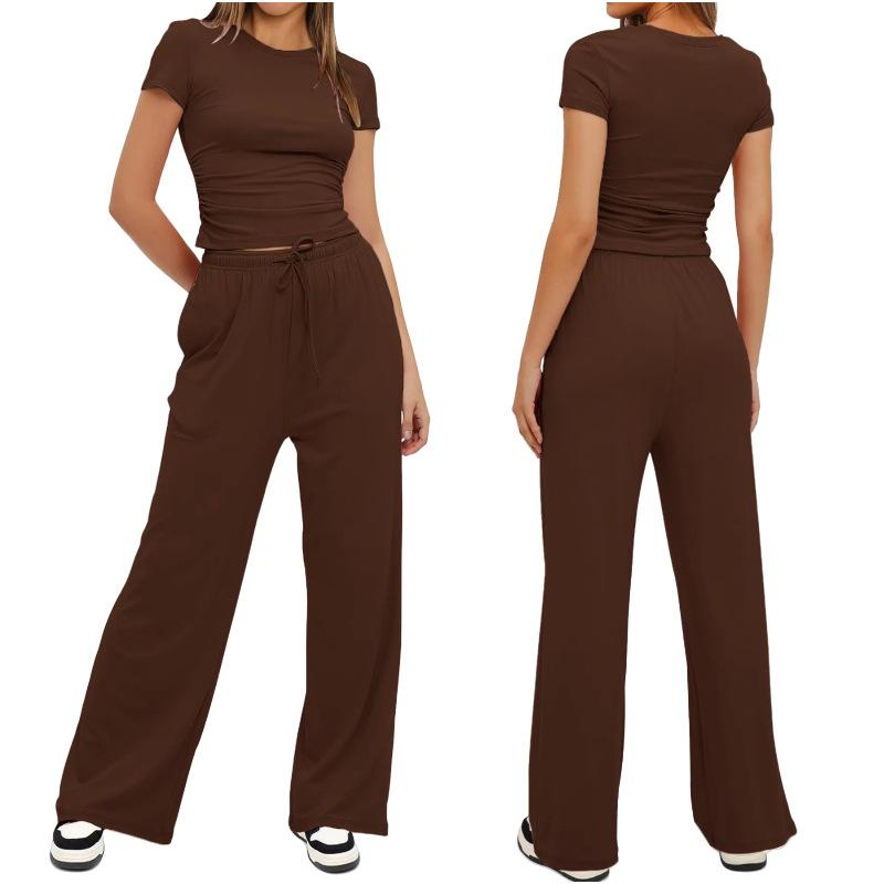 Solid Color Casual Long Sleeve Set Top High Waisted Wide Leg Pants Sportswear