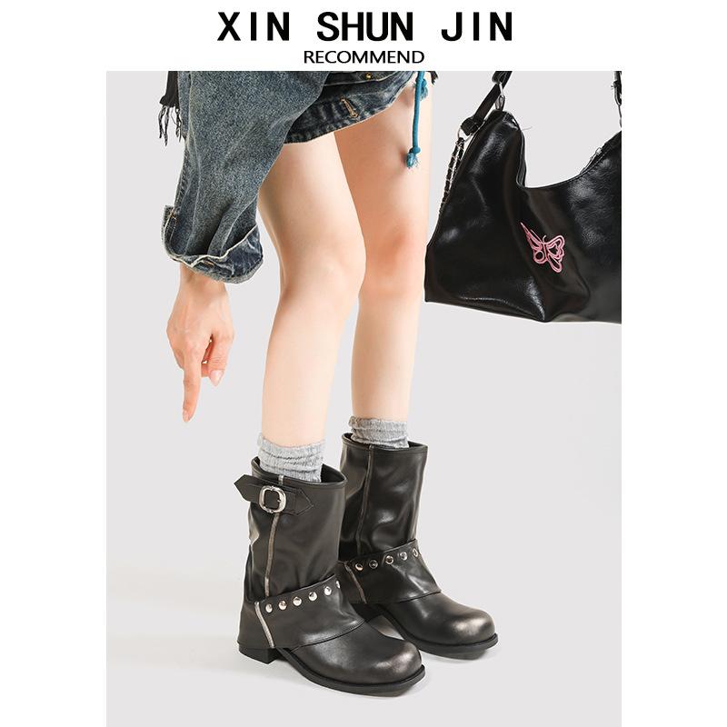 Spice Girls Pants Boots Women's 2025 Rivet Pleated Pile Boots Black Western Cowboy Boots Short Belt Buckle Martin Boots