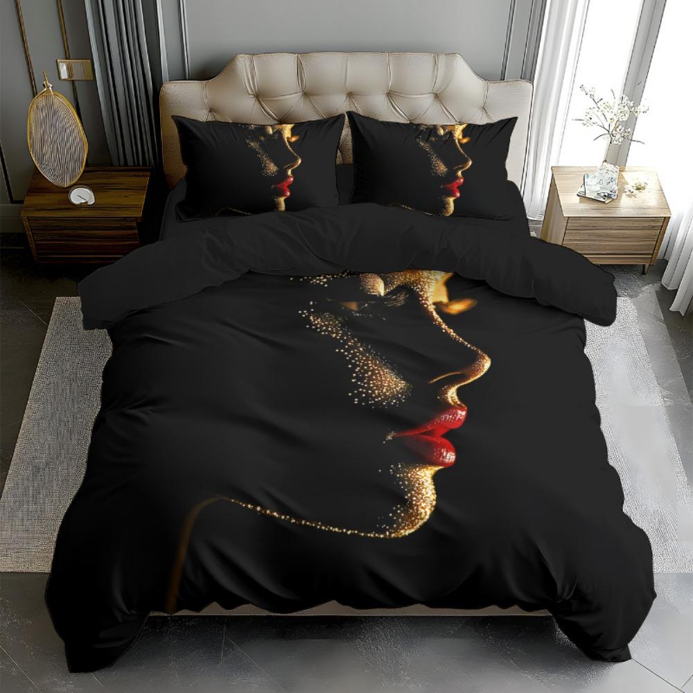 3pcs Black Bedding Set Beautiful Red Lips Printed Cozy Duvet Cover Set King Queen Twin Single Size Birthday Gift Bedroom Decor