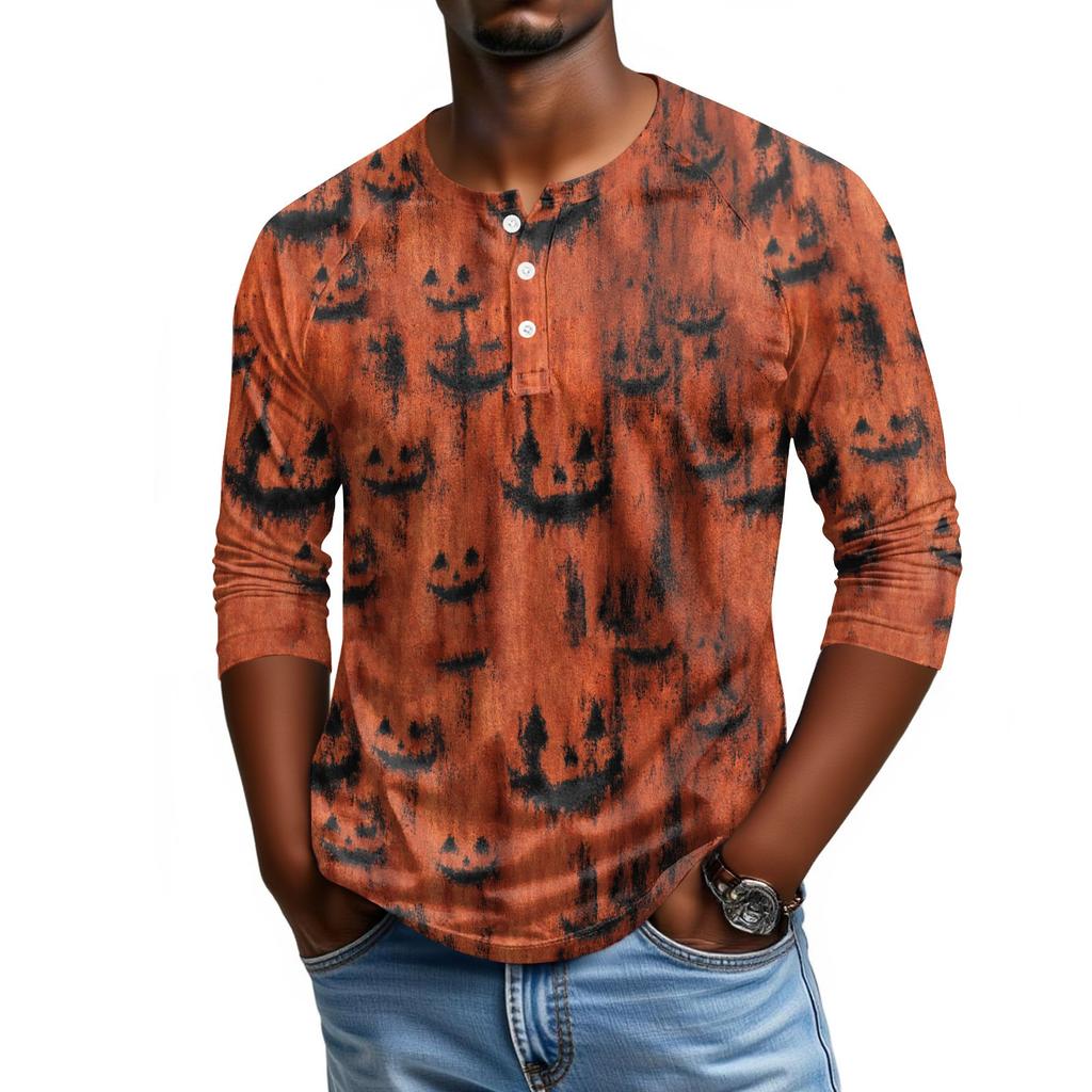 Men's Casual Halloween Print Henley Shirt Raglan Three Quarter Sleeve Top Comfortable Fit Lightweight Fabric