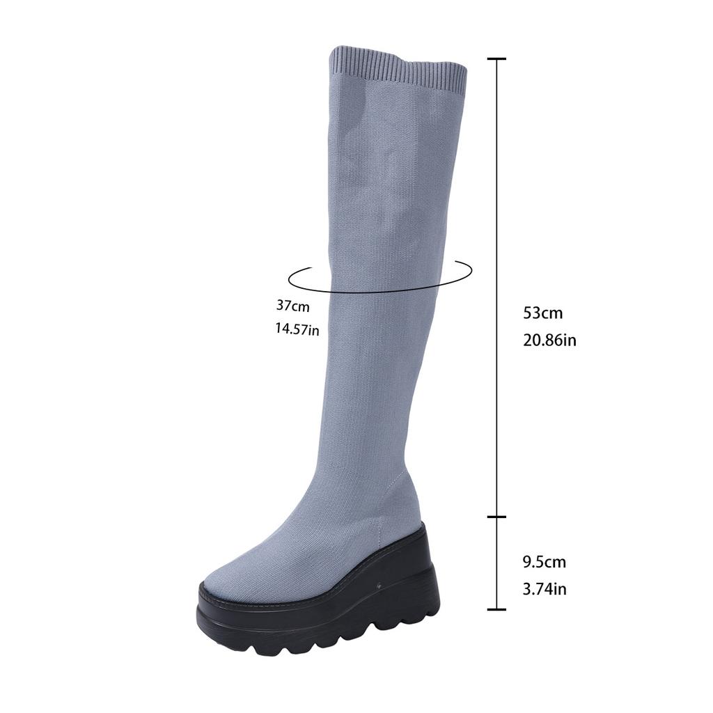 Slope Heel Knee Boots Women'S Winter Thick-Soled Large-Size Muffin Slim Fly-Woven Elastic Socks Boots Wish