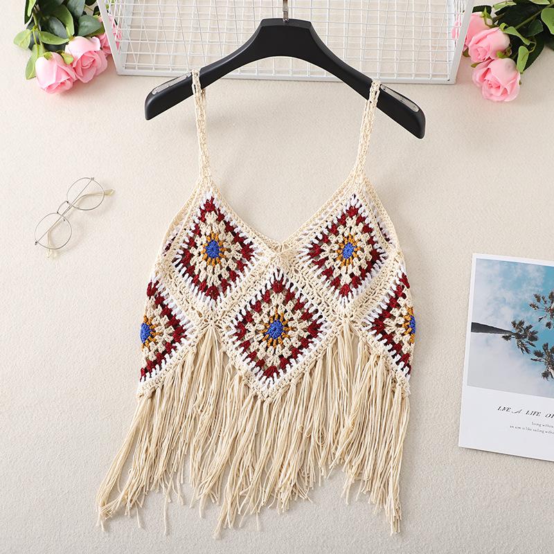 Summer Women's Camisole Ethnic Style Halter Pure Handmade Crochet Top Halter Bohemian Tassel Travel Holiday Vest
