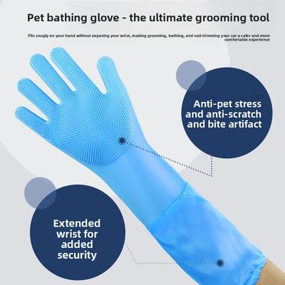 Silicone Pet Bathing Gloves, Anti-bite Dishwashing Gloves, Extended and Fleece-lined Waterproof Kitchen Household Gloves, 2-piece Set